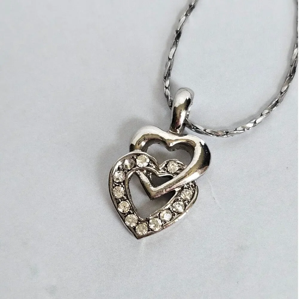 VTG 18K GP Double Heart Rhinestone Pendant Necklace Silver Tone Gold Plated